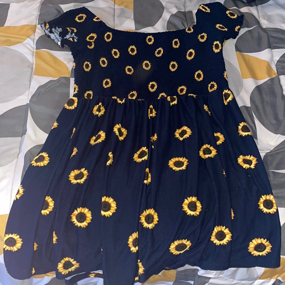 Navy Blue & Sunflower Off-Shoulder Dress